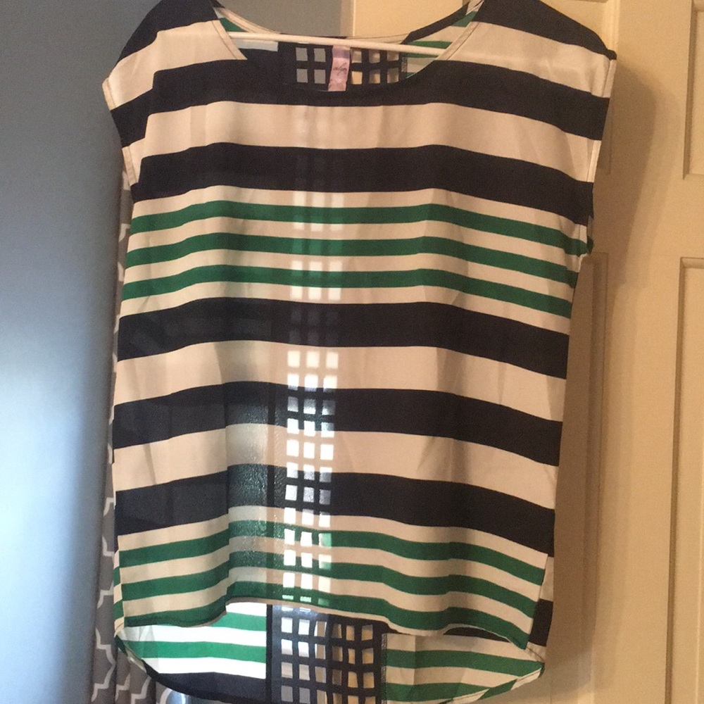 Blue and green striped open backed shirt